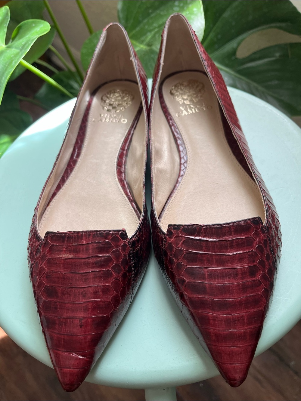 Vince Camuto Burgundy Pointed Toe Snake Embossed Leather Flats